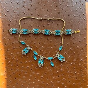 VTG 1950s JAPAN Blue  Rhinestone Necklace and Bracelet  Set